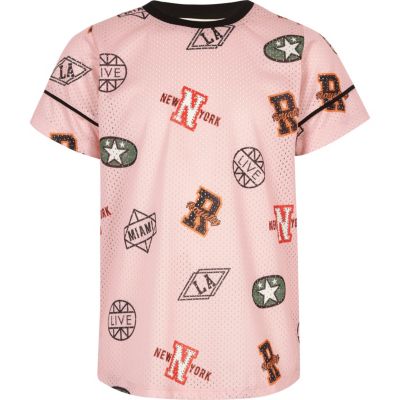Girls pink sports print mesh T-shirt